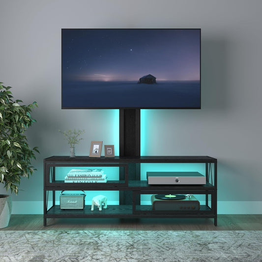 Royalcraft TV Stand with Mount and Power Outlet, 51" Swivel TV Stand Mount for 32/45/55/60/65/70 Inch TVs, LED Entertainment Center with Storage Shelves for Living Room, Bedroom, Office, Black tv stand