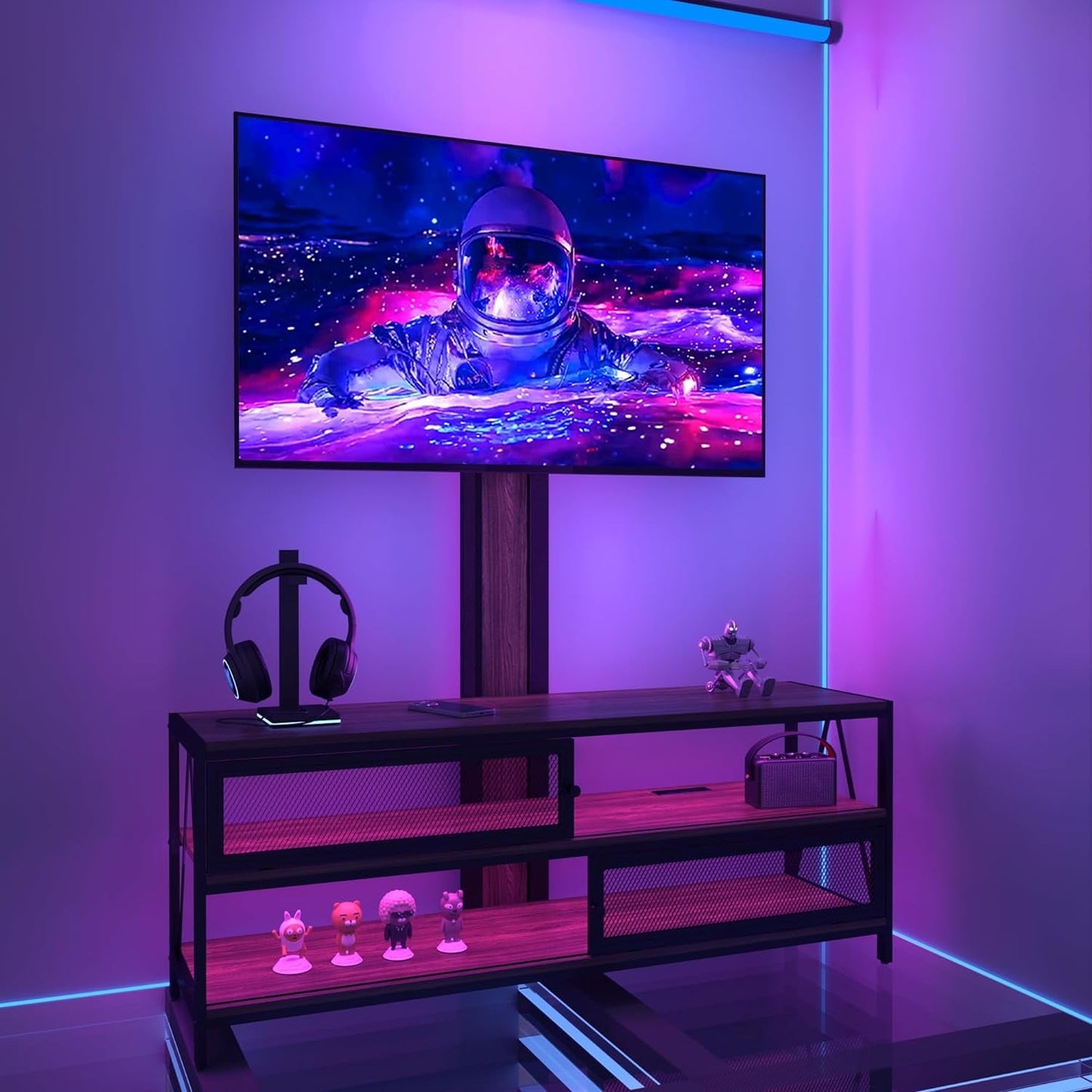 Royalcraft TV Stand with Mount and Power Outlet, 51" Swivel TV Stand Mount for 32/45/55/60/65/70 Inch TVs, LED Entertainment Center with Storage Shelves for Living Room, Bedroom, Office, Rustic Brown