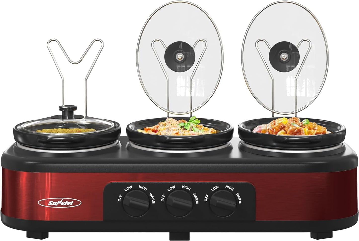 Royalcraft Triple Slow Cooker Buffet Servers and Warmer,3 Pot Food Small Mini Manual Slow Cooker with Adjustable Temp Stainless Steel Lid Rests,Removable Ceramic Pot,4.5 QT Red