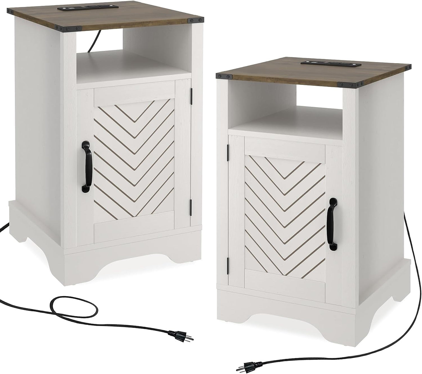 Royalcraft Nightstand Set of 2 with Charging Station, Tall Farmhouse Bedside Table with Herringbone Design, Wooden Rustic End Table with Large Storage Cabinets and Shelf for Bedroom nightstand set of 2