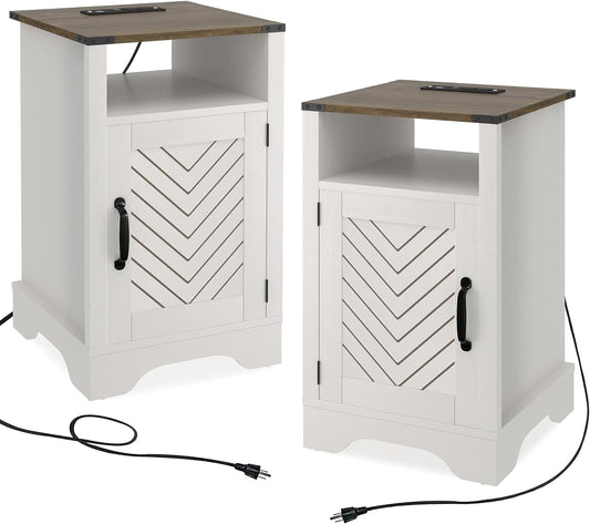 Royalcraft Nightstand Set of 2 with Charging Station, Tall Farmhouse Bedside Table with Herringbone Design, Wooden Rustic End Table with Large Storage Cabinets and Shelf for Bedroom nightstand set of 2
