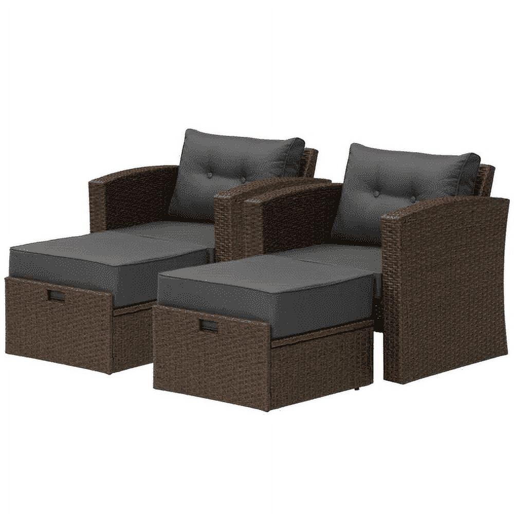 Royalcraft 4 Pieces Wicker Furniture Single Chair with Ottoman,All-Weather Brown Rattan Outdoor ArmChair Sofa Set with Dark Grey Non-slip Cushions,Aluminum Frame