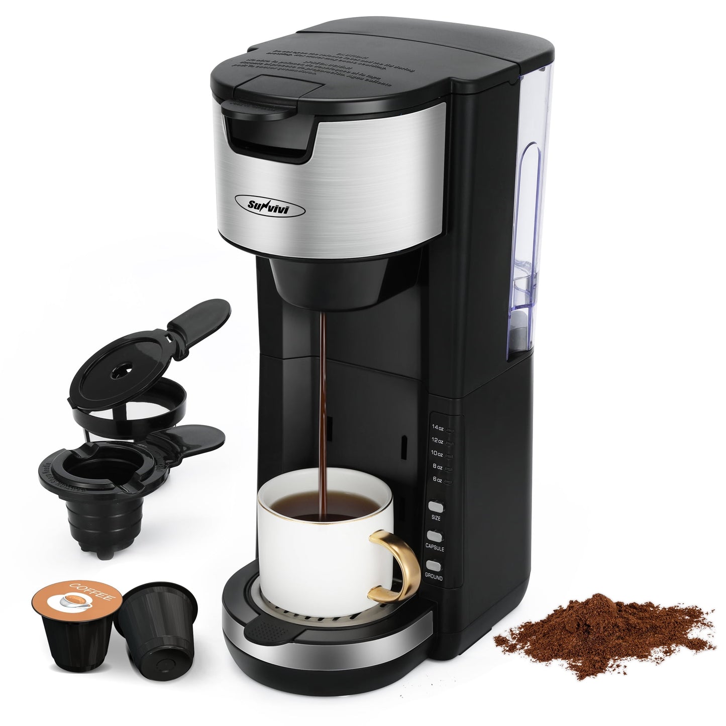 RoyalCraft Single Serve Coffee Maker For Single Cup Pod & Coffee Ground, Stainless SteelRemovable Reservoir, Compact Coffee Machine Brewer with 6 to 14 oz. Brew Sizes, Black