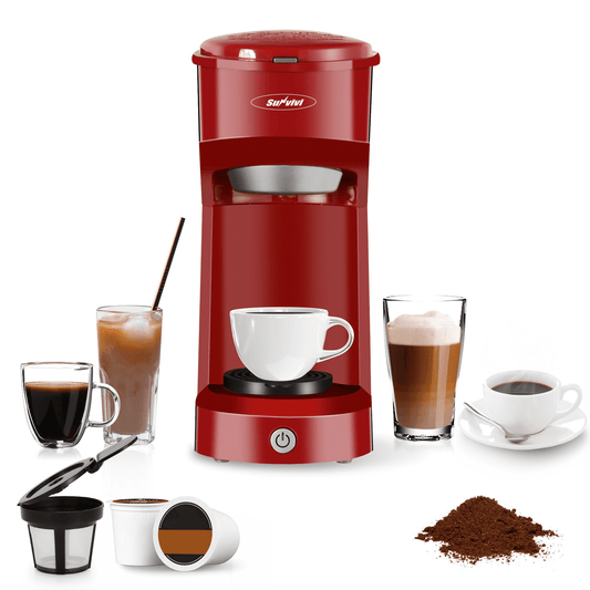 Single Serve Coffee Maker Coffee Brewer 6 to 14 oz With Permanent Filter, Compatible with Single Cup Pod & Ground Coffee, Red