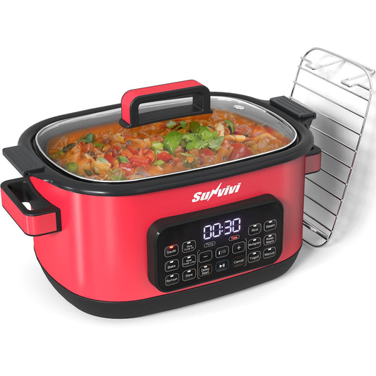 Royalcraft 12-in-1 Digital Programmable Slow Cooker, 6.5 QT Large Multicooker, Multi-Cooker with Timer, Temp Control, Red
