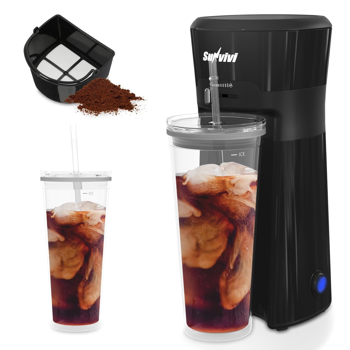 Royalcraft 20 Oz Iced Coffee Maker for Ground Coffee, Cold Brew Tea Maker with Reusable Coffee Filter and Insulated Pitcher, Single Serve Machine for Home, Strength Control for Flavor, Black