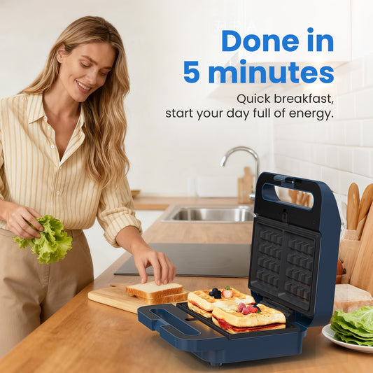 Royalcraft 3-in-1 Electric Sandwich Maker Waffle Grill Panini Press 1000W Non-Stick Removable Plates Blue