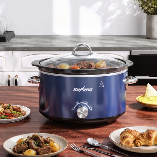 Royalcraft 4QT Compact Slow Cooker & Food Warmer with 3 Temperature Settings, Removable Ceramic Pot, Dishwasher-Safe Glass Lid, Stainless Steel - Blue