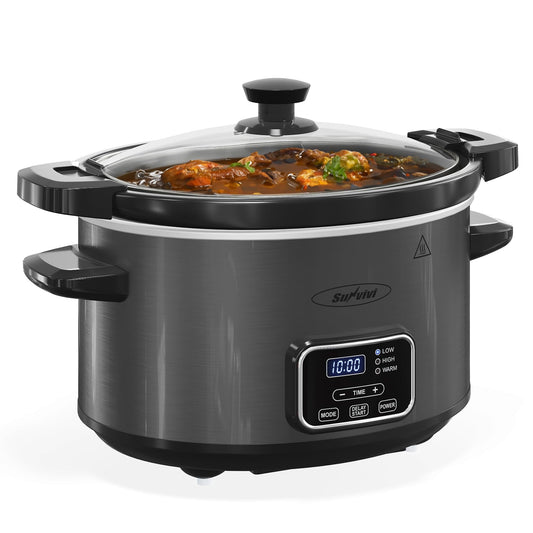 Royalcraft 4QT Slow Cooker, Programmable Pot with Locking Lid, Removable Ceramic Pot, 3 Heating Settings & Time Control,Dishwasher-safe Lid & Pot, Grey