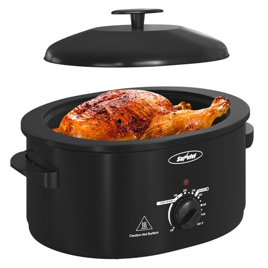 Royalcraft Roaster Oven with Self-Basting Lid, 8qt Electric Roaster with Removable Pan & Rack, Turkey Roaster Oven with Defrost & Warm Function, Stainless Steel, Black