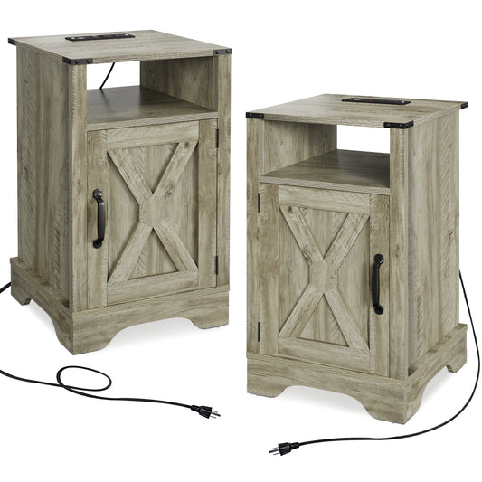 Superjoe 2Pcs Farmhouse Nightstand w/Charging Station, Wooden Rustic Tall Bedside Table, End Table w/Storage Shelf & Shelf for Bedroom, Living Room, Light Gray