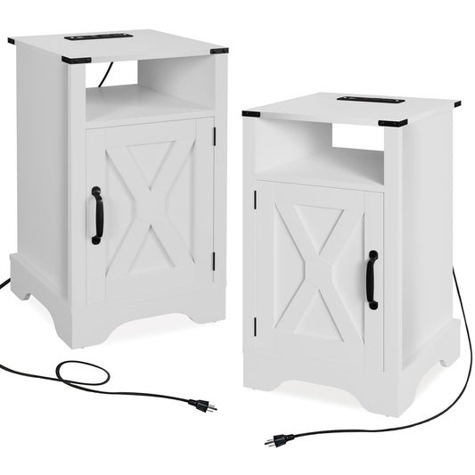 Superjoe 2Pcs Farmhouse Nightstand w/Charging Station, Wooden Rustic Tall Bedside Table, End Table w/Storage Shelf & Shelf for Bedroom, Living Room, White