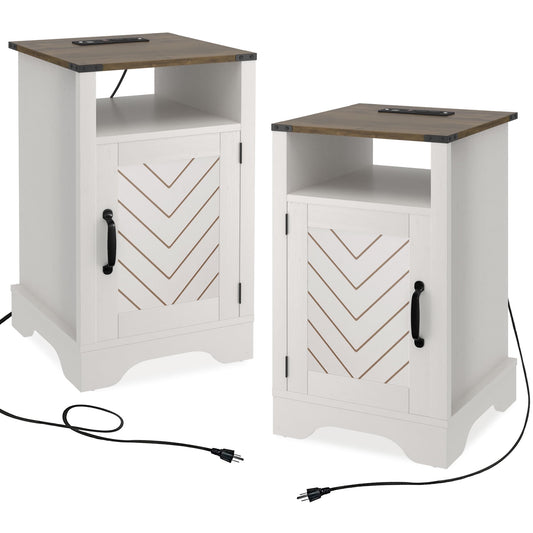 Superjoe 2Pcs Farmhouse Nightstand w/Charging Station, Wooden Rustic Tall Bedside Table, End Table w/Storage Shelf & Shelf for Bedroom, Living Room, Wood-Tone White