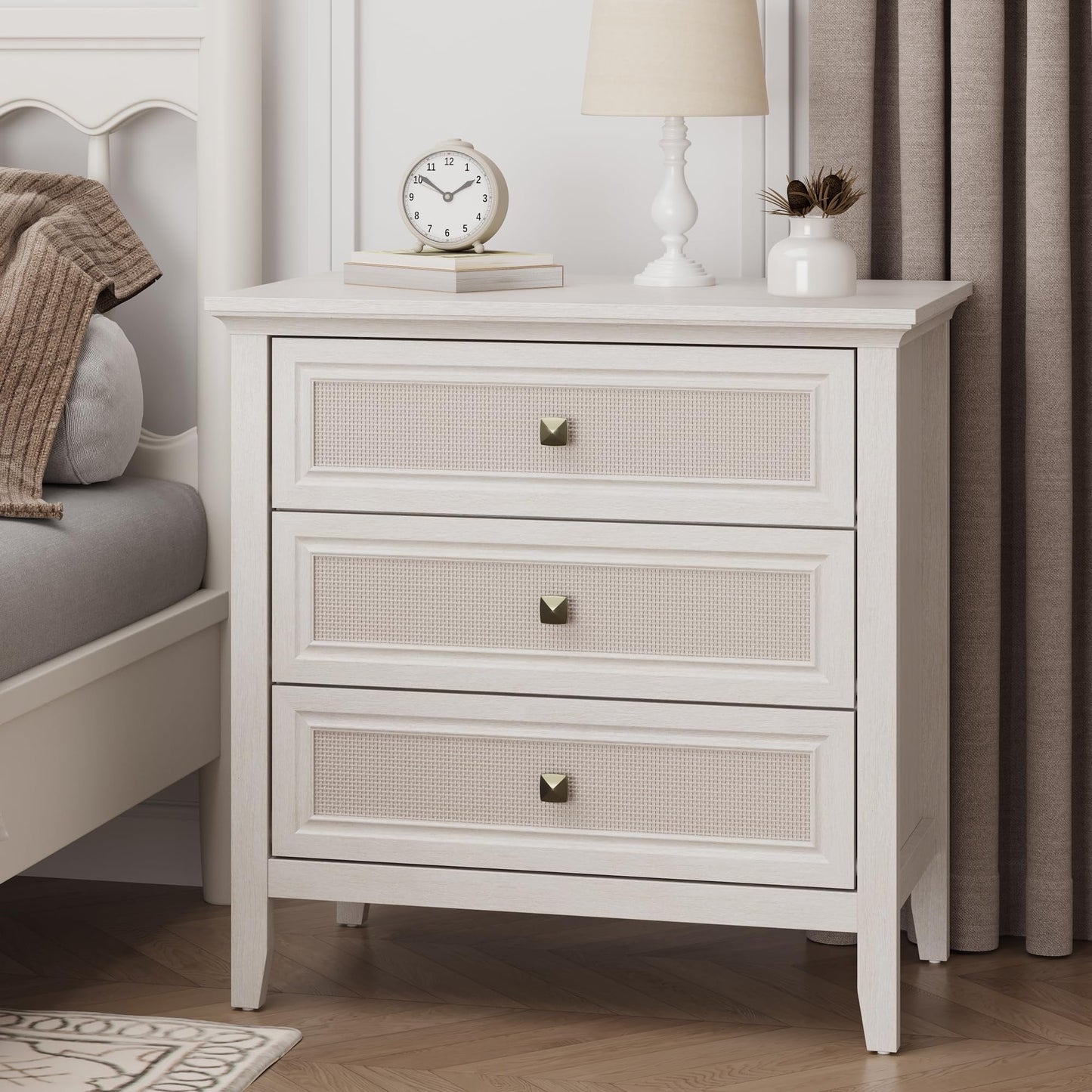 Superjoe 3 Drawer Nightstand, Rattan Dresser Table with Cane Drawers, Tall Boho Bedside Table Cabinet for Bedroom, Living Room, Entryway, Hallway, White