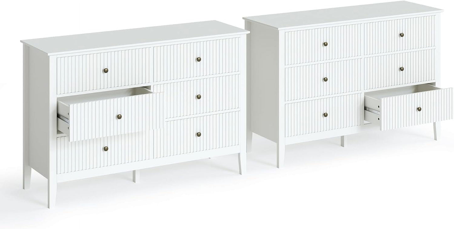 Superjoe 6 Drawer White Dresser Set of 2 for Bedroom, Modern Storage Chest w/Silent Slide & Waterproof Lacquered Desktop, Wood Side Organizer Cabinet for Living Room, Study Room, Nursery