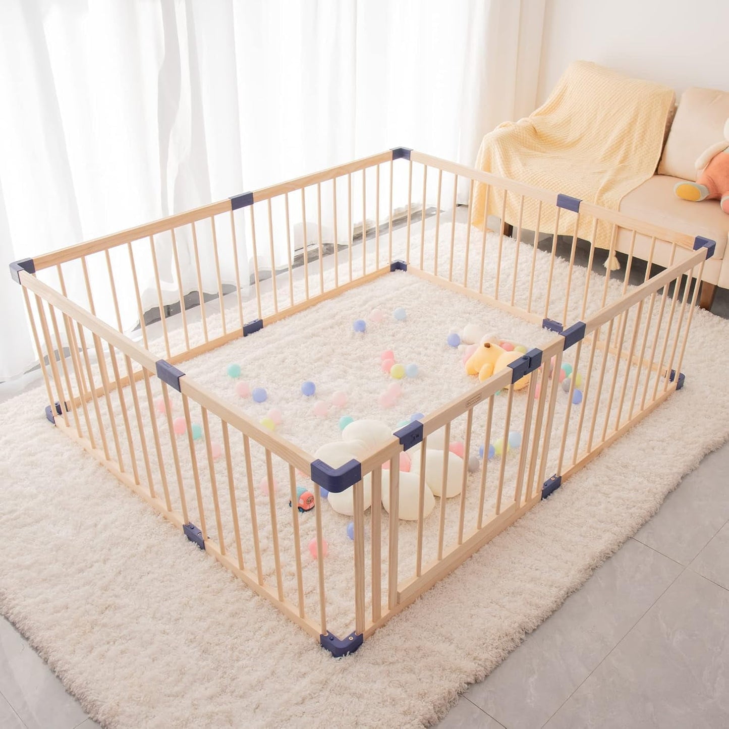 Superjoe Baby Playpen Kids Fence with Safety Gate, Activity Play Center, Safety and Anti-Drop Function, Safety Play Yard Indoor Outdoor Pure Wooden Baby Playpen (71"*59"*24")