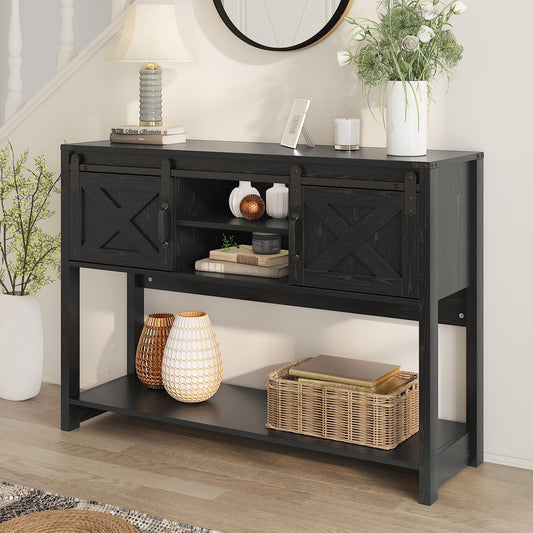 Superjoe Farmhouse Entryway Table with Storage, 46" Console Table with Sliding Barn Door, Wood Rustic Sofa Table with Adjustable Shelf for Hallway, Living Room, Foyer, Black