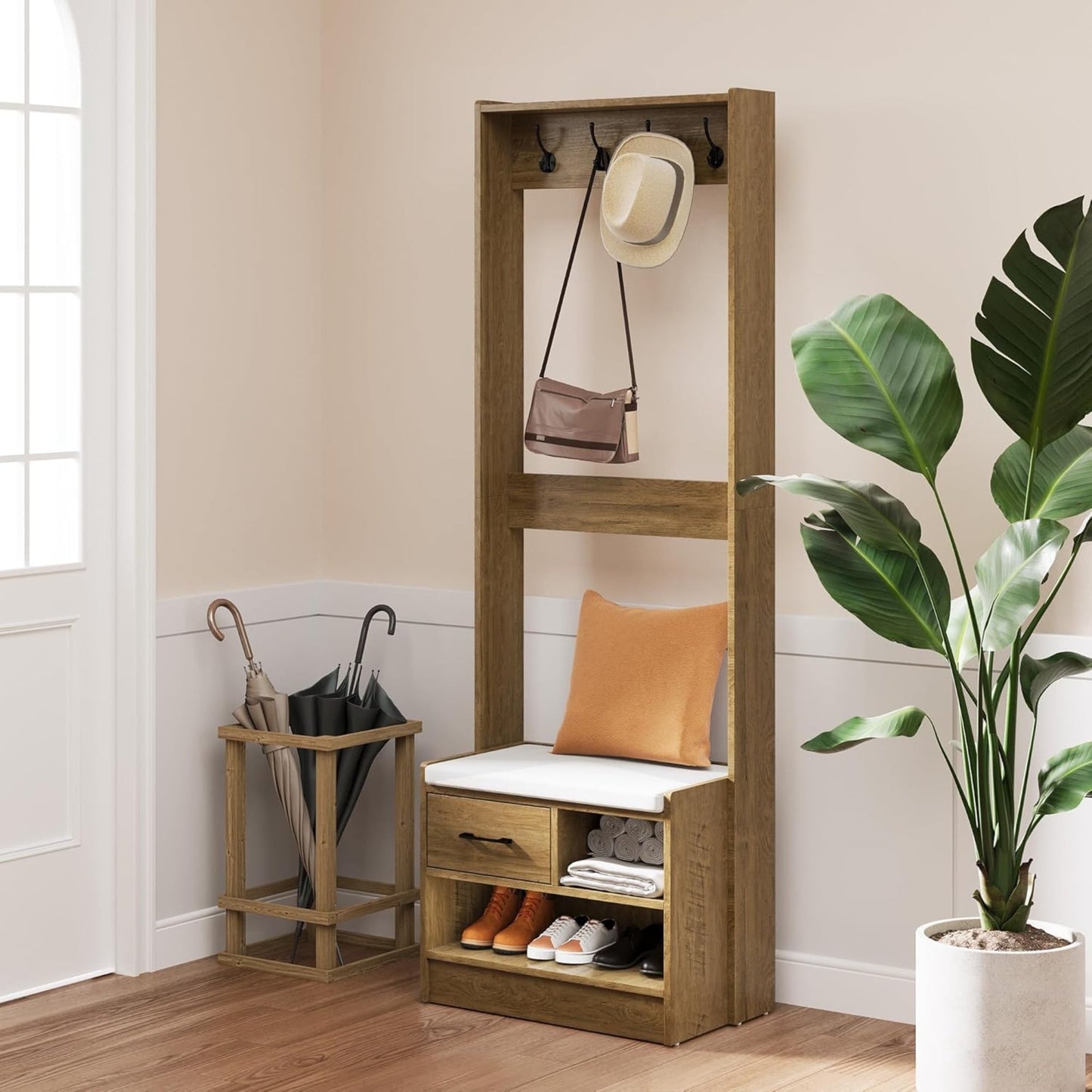 Superjoe Hall Tree with Bench, Entryway Bench with Coat Rack, Shoe Storage, Soft Cushion, Wood Entryway Furniture, White