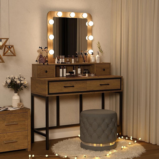Superjoe Makeup Vanity with 3 Color Dimmable Lighted Hollywood Mirror, Vanity Table with 4 Drawers for Women Girls, Dressing Desk for Bedroom, Beauty Room, Brown