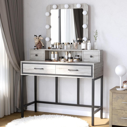 Superjoe Makeup Vanity 3 Color Hollywood Mirror with Dimmable Lighted, Vanity Table with 4 Drawers for Women Girls, Dressing Desk for Bedroom, Beauty Room, Light Gray