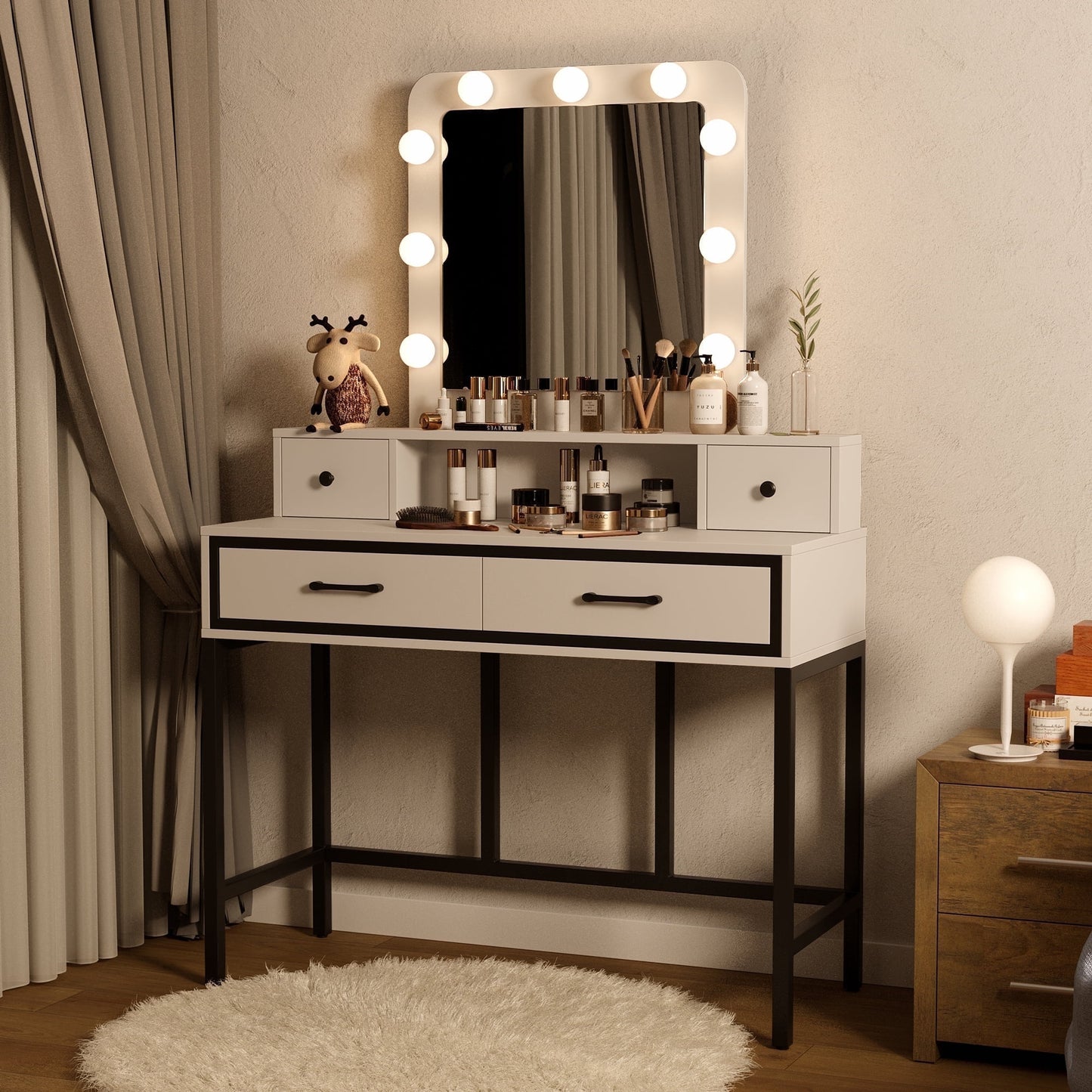 Superjoe Vanity Table with Sliding Lighted Mirror, Makeup Table with 3 Color Touch Light, Vanity Desk with Drawers & Hidden Shelves for Bedroom, Brown (Stool Not Included)