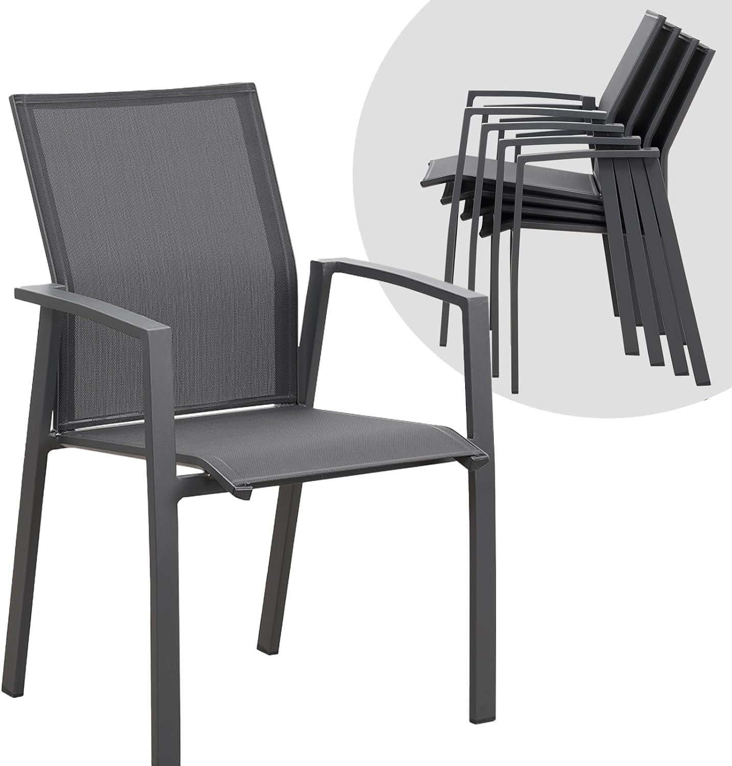 Superjoe Outdoor Patio Aluminum Dining Chairs Set of 4, Outside Stackable Furniture for Lawn, Balcony, Quick-Drying Textilene Fabric, Grey