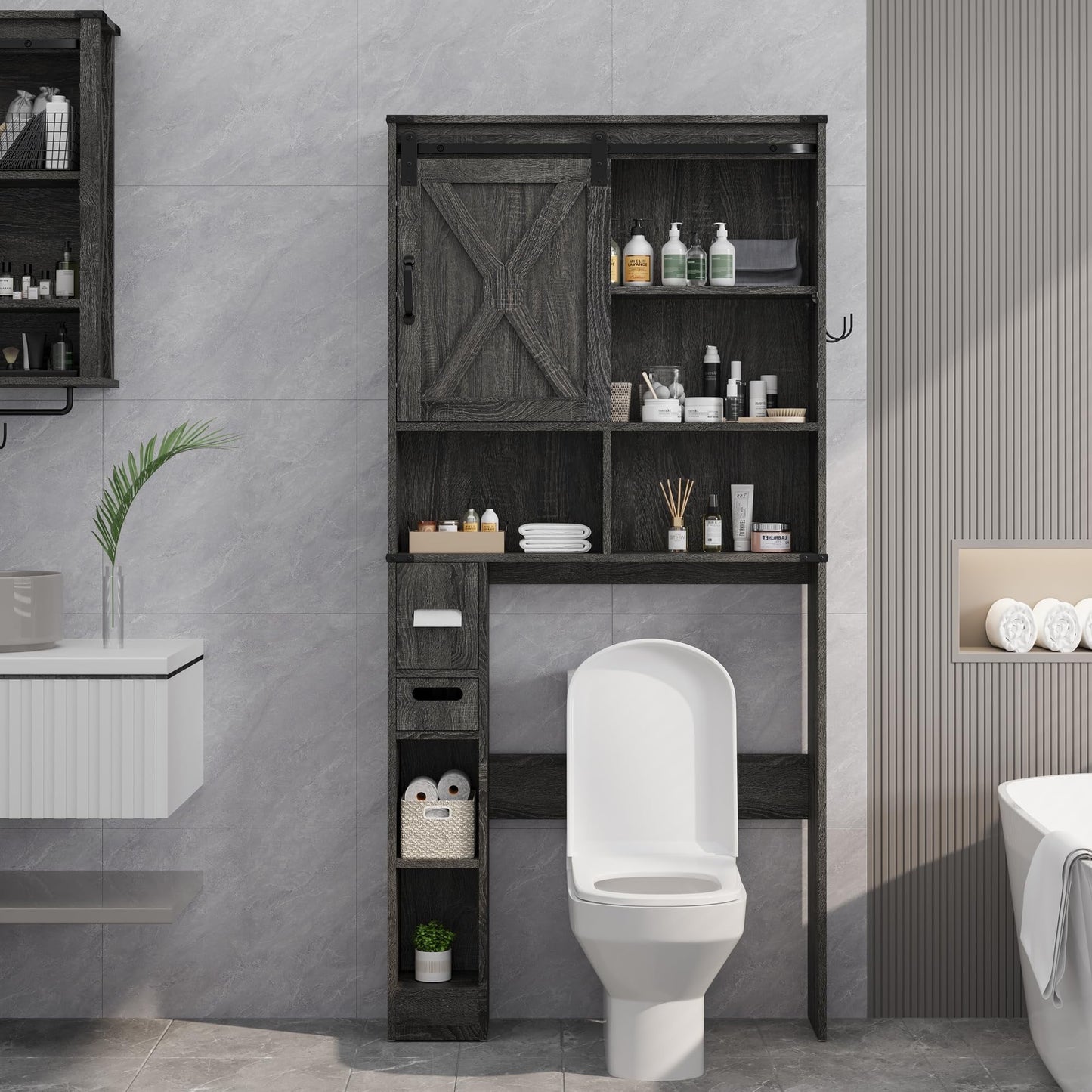 Superjoe Over The Toilet Storage Cabinet, Farmhouse Storage Cabinet Over Toilet with Sliding Barn Door, Home Space-Saving Toilet Rack, Behind Toilet Bathroom Organizer for Bathroom, Dark Grey