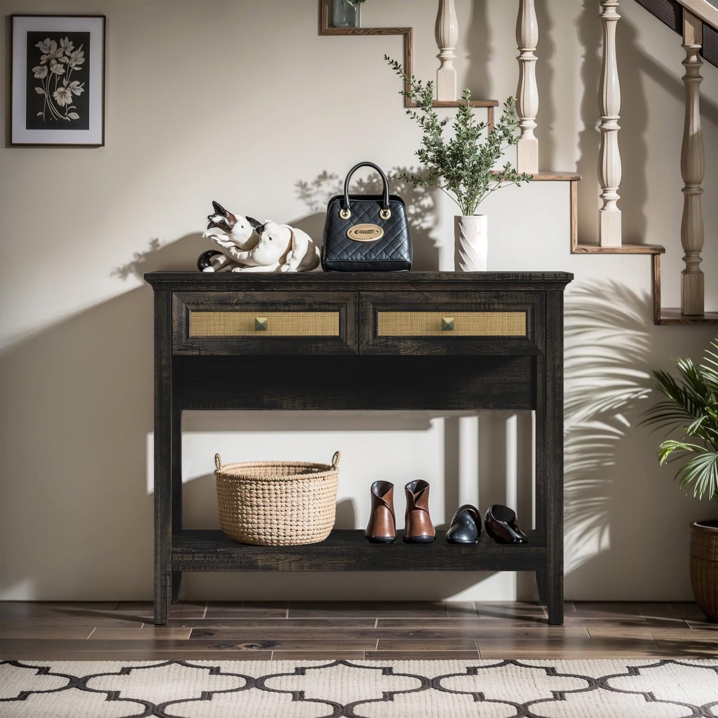 Superjoe Rattan Console Table, Boho Entryway Table with 2 Drawers and Storage Shelf, Long Wood Sofa Table for Living Room, Entryway, Front Hall, Hallway, Grey
