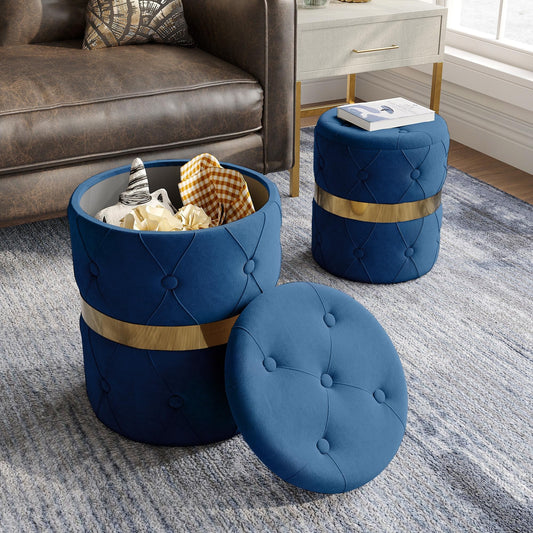 Superjoe Storage Ottoman Set of 2, Versatile Footrest Stool with Stainless Steel Base, Modern Round Vanity Stool Chair Foot Stools, Support 200lbs Padded Seat, for Living Room, Bedroom, Blue