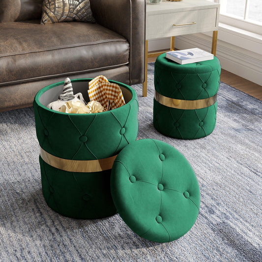 Superjoe Storage Ottoman Set of 2, Versatile Footrest Stool with Stainless Steel Base, Modern Round Vanity Stool Chair Foot Stools, Support 200lbs Padded Seat, for Living Room, Bedroom, Green