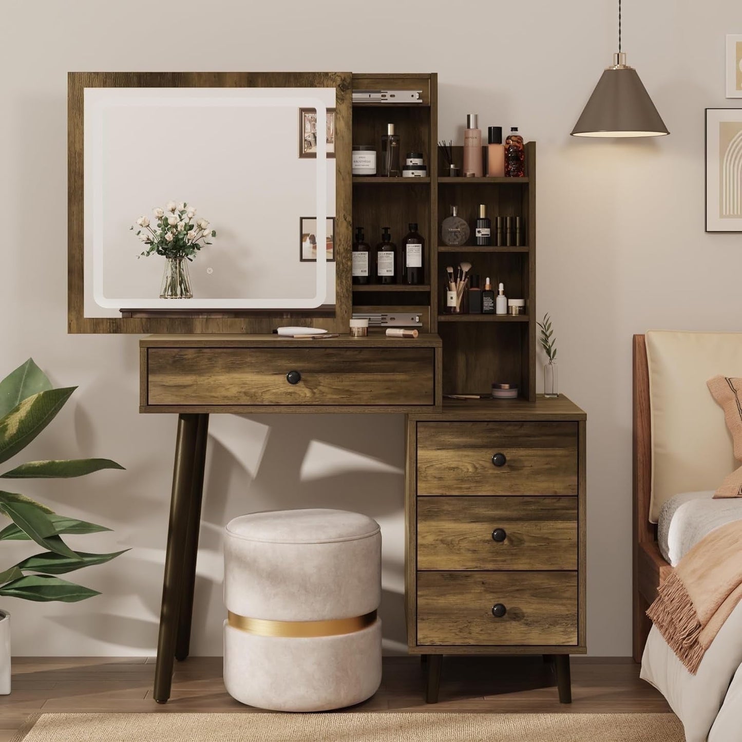 Superjoe Vanity Table with Sliding Lighted Mirror, Makeup Table with 3 Color Touch Light, Vanity Desk with Drawers & Hidden Shelves for Bedroom, Brown (Stool Not Included)