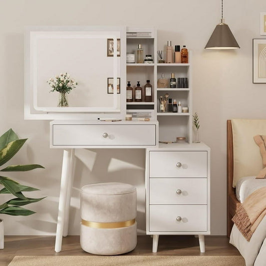 Superjoe Vanity with Mirror and Lights, Makeup Table with 3 Color Touch Light, Vanity Desk with Drawers & Hidden Shelves for Bedroom, White (Stool Not Included)