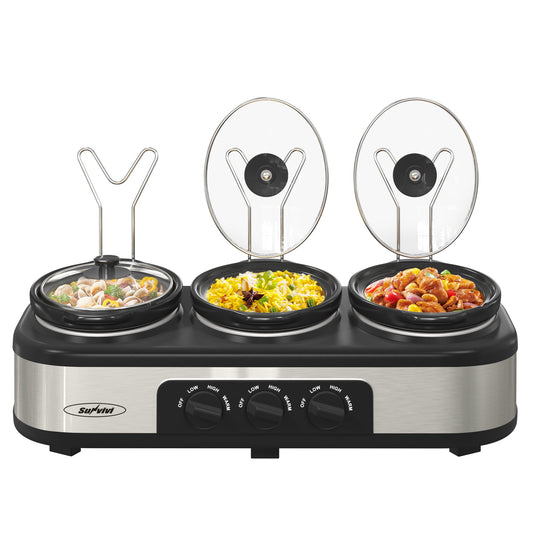 Triple Slow Cooker with 3 Spoons, 3 Pot 1.5 Quart Oval Crock Food Warmer Buffet Server, Stainless Steel