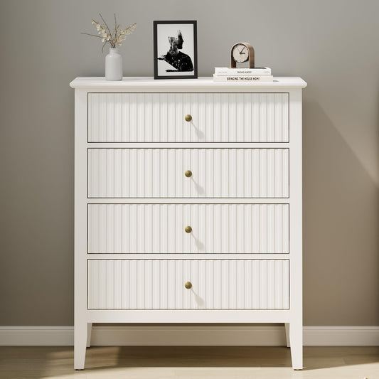 RoyalCraft White Fluted 4 Drawer Dresser for Bedroom, Modern Chest of Drawers, Wood Dresser for Storage Clothes, Wooden Storage Cabinet Nightstand for Bedroom, Hallway, Living Room, Entryway