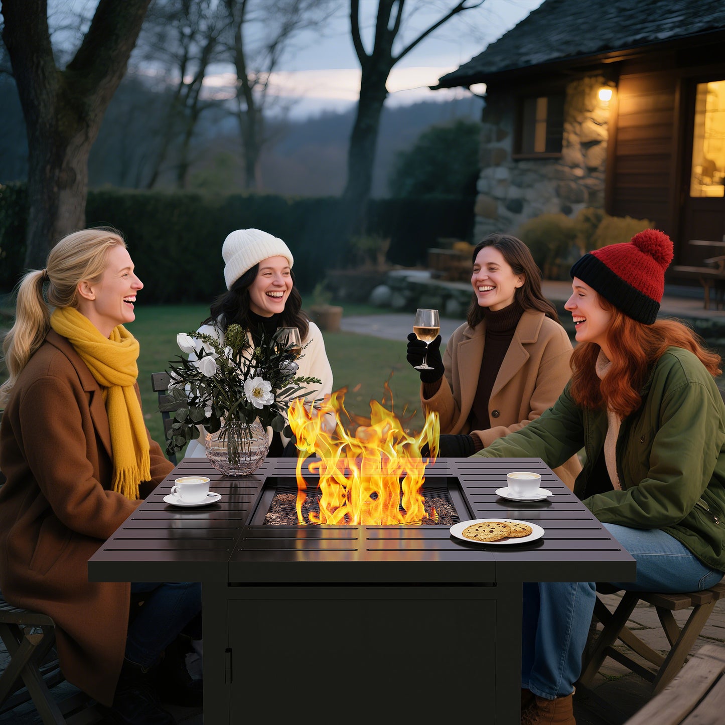 Royalcraft 2 in 1 Propane Fire Pit Table, 50000 BTU Gas Fire Pits Table with Removable Lid, Lava Rock and Cover, Square Fire Table for Dining or Party on Patio, Garden, Yard, 30'', Black