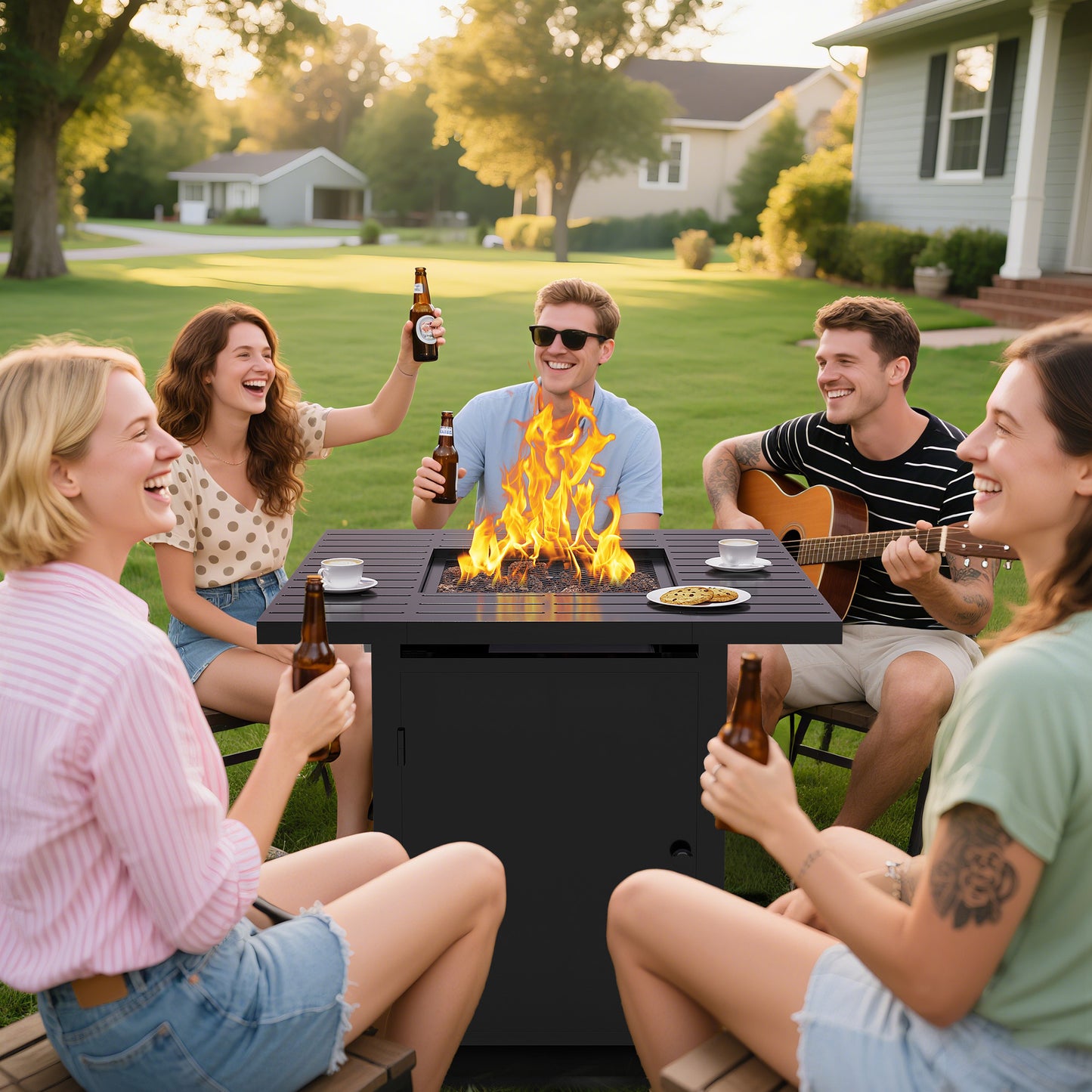 Royalcraft 2 in 1 Propane Fire Pit Table, 50000 BTU Gas Fire Pits Table with Removable Lid, Lava Rock and Cover, Square Fire Table for Dining or Party on Patio, Garden, Yard, 30'', Black