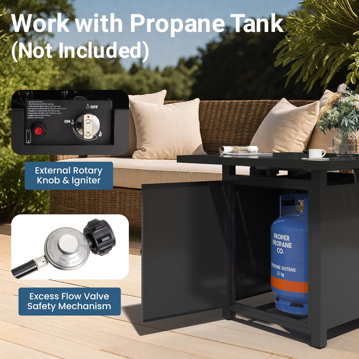 Royalcraft 2 in 1 Propane Fire Pit Table, 50000 BTU Gas Fire Pits Table with Removable Lid, Lava Rock and Cover, Square Fire Table for Dining or Party on Patio, Garden, Yard, 30'', Black