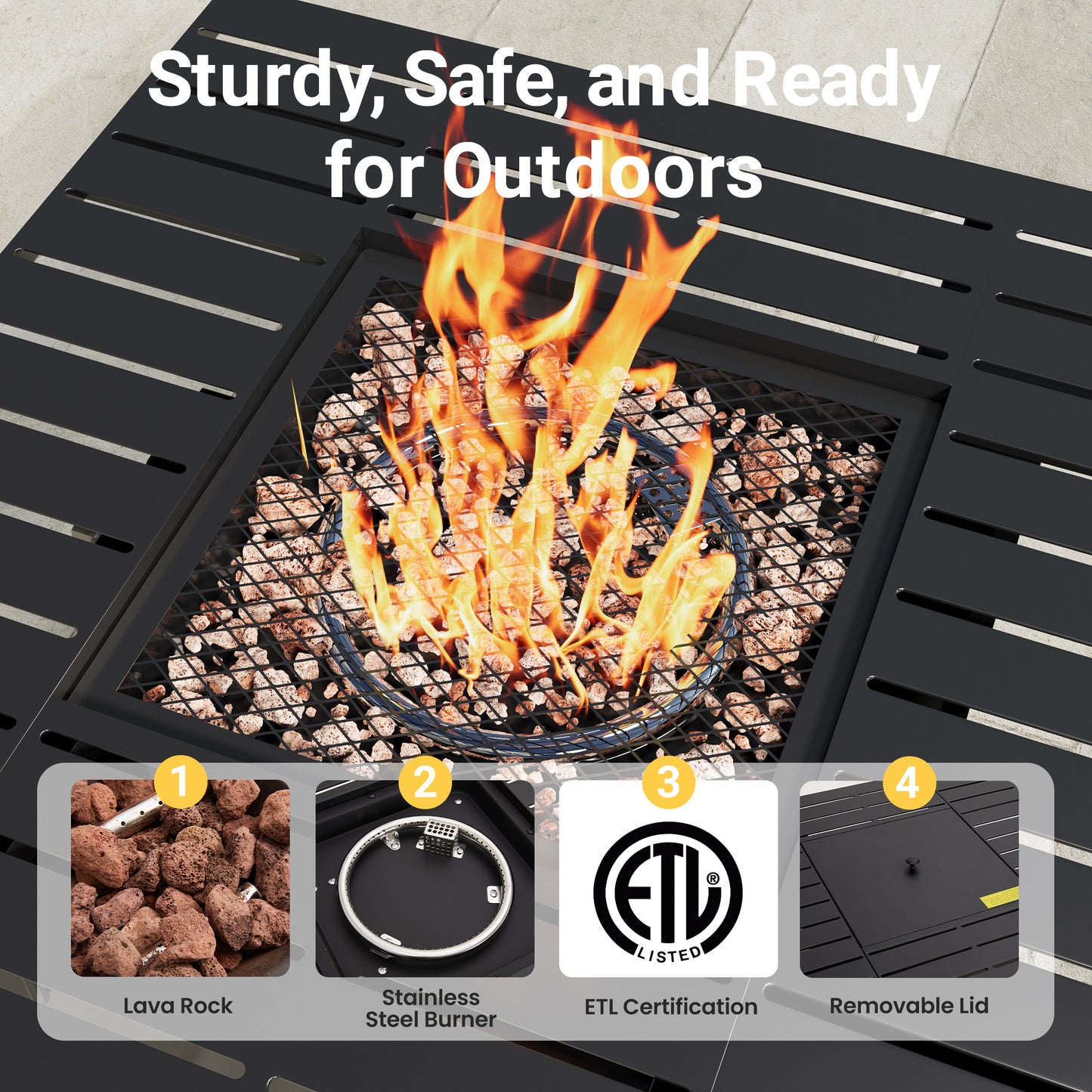 Royalcraft 2 in 1 Propane Fire Pit Table, 50000 BTU Gas Fire Pits Table with Removable Lid, Lava Rock and Cover, Square Fire Table for Dining or Party on Patio, Garden, Yard, 30'', Black