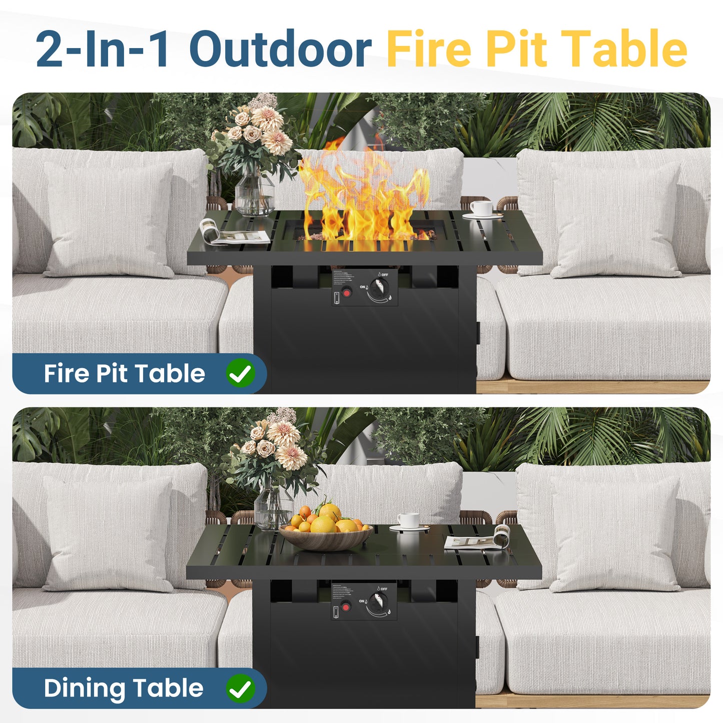 Royalcraft 2 in 1 Propane Fire Pit Table, 50000 BTU Gas Fire Pits Table with Removable Lid, Lava Rock and Cover, Square Fire Table for Dining or Party on Patio, Garden, Yard, 30'', Black