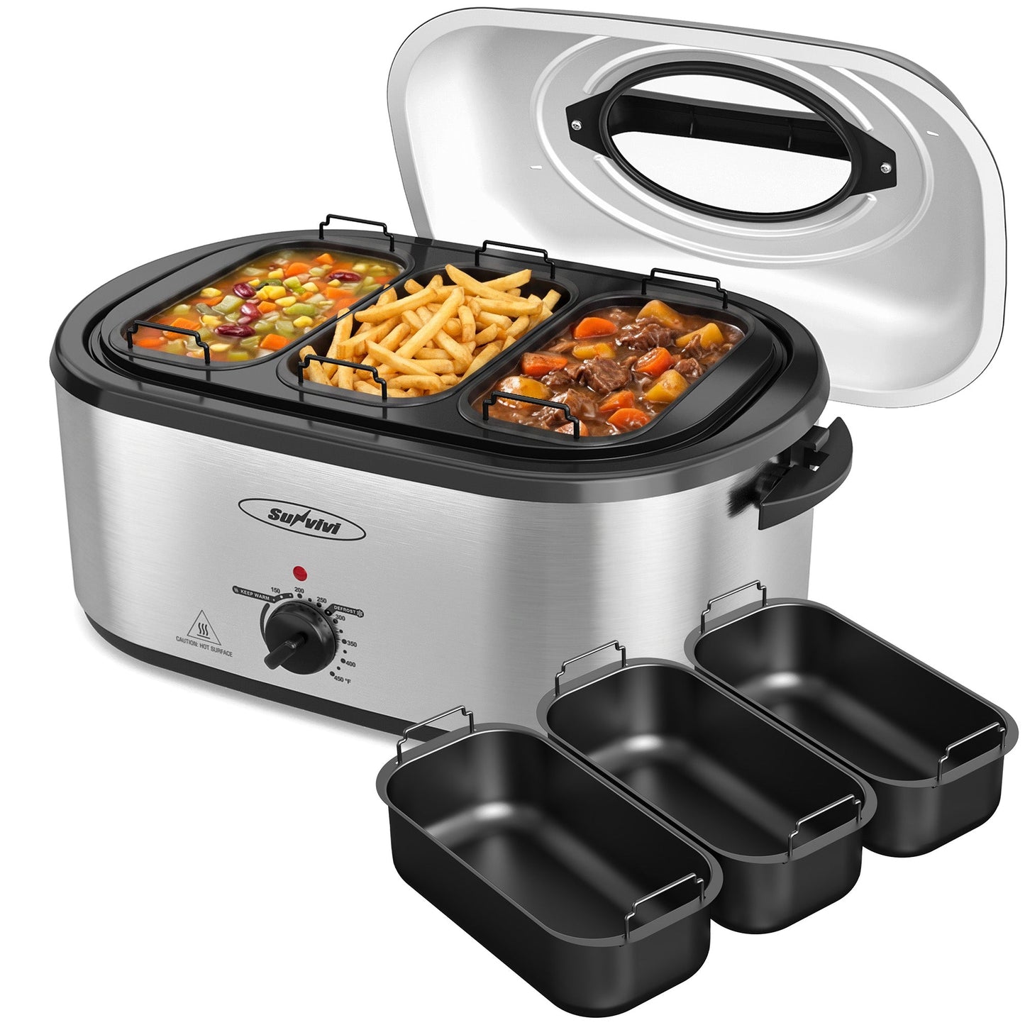 Royalcraft 24 QT Electric Roaster Oven with 3 Compartments, Self-Basting Lid, Dark Blue