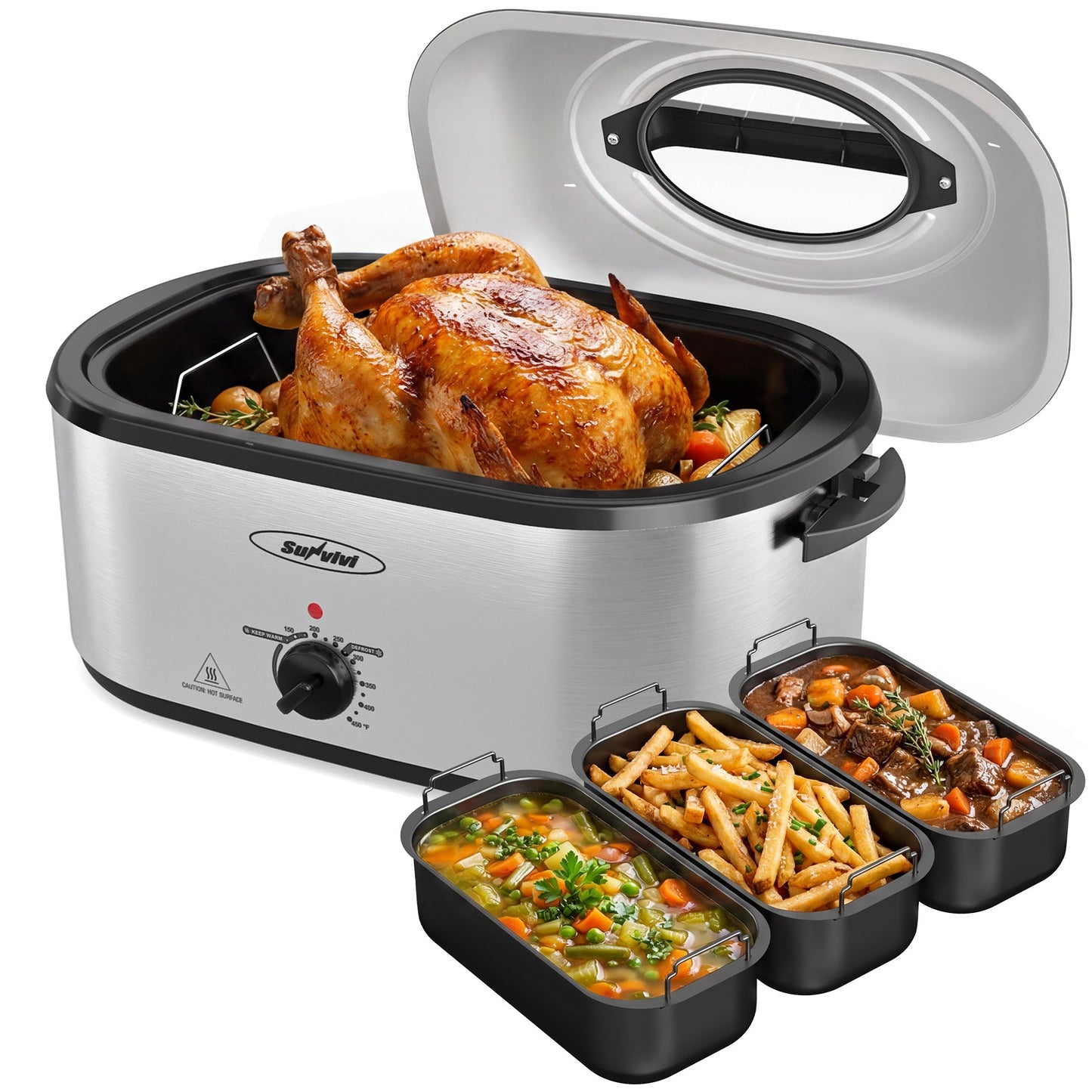 Royalcraft 24 QT Electric Roaster Oven with 3 Compartments, Self-Basting Lid, Dark Blue