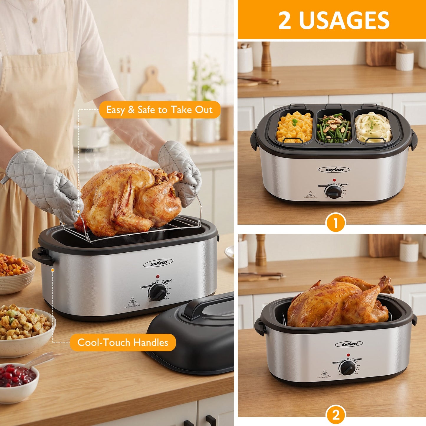 Royalcraft 24 QT Electric Roaster Oven with 3 Compartments, Self-Basting Lid, Silver