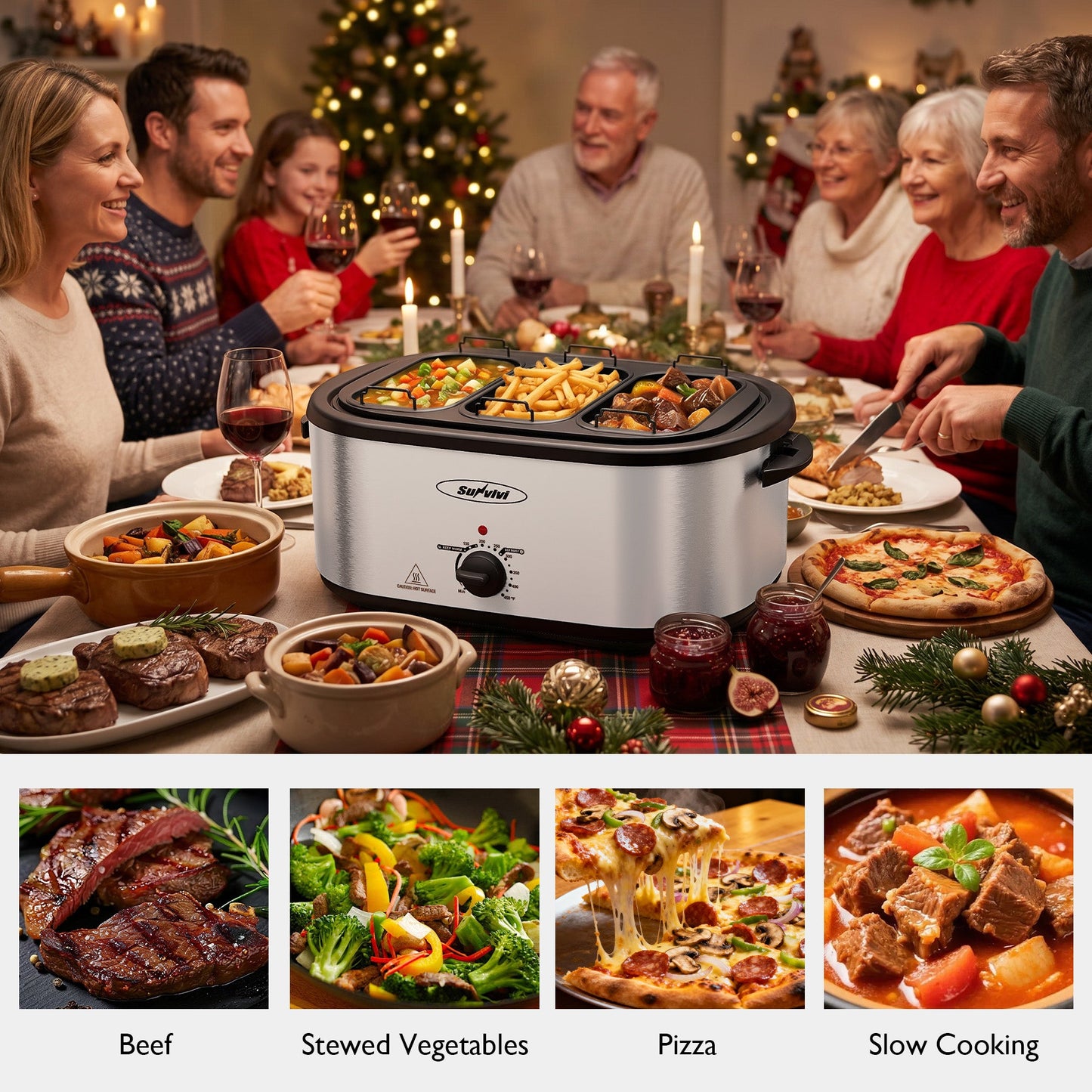 Royalcraft 24 QT Electric Roaster Oven with 3 Compartments, Self-Basting Lid, Dark Blue