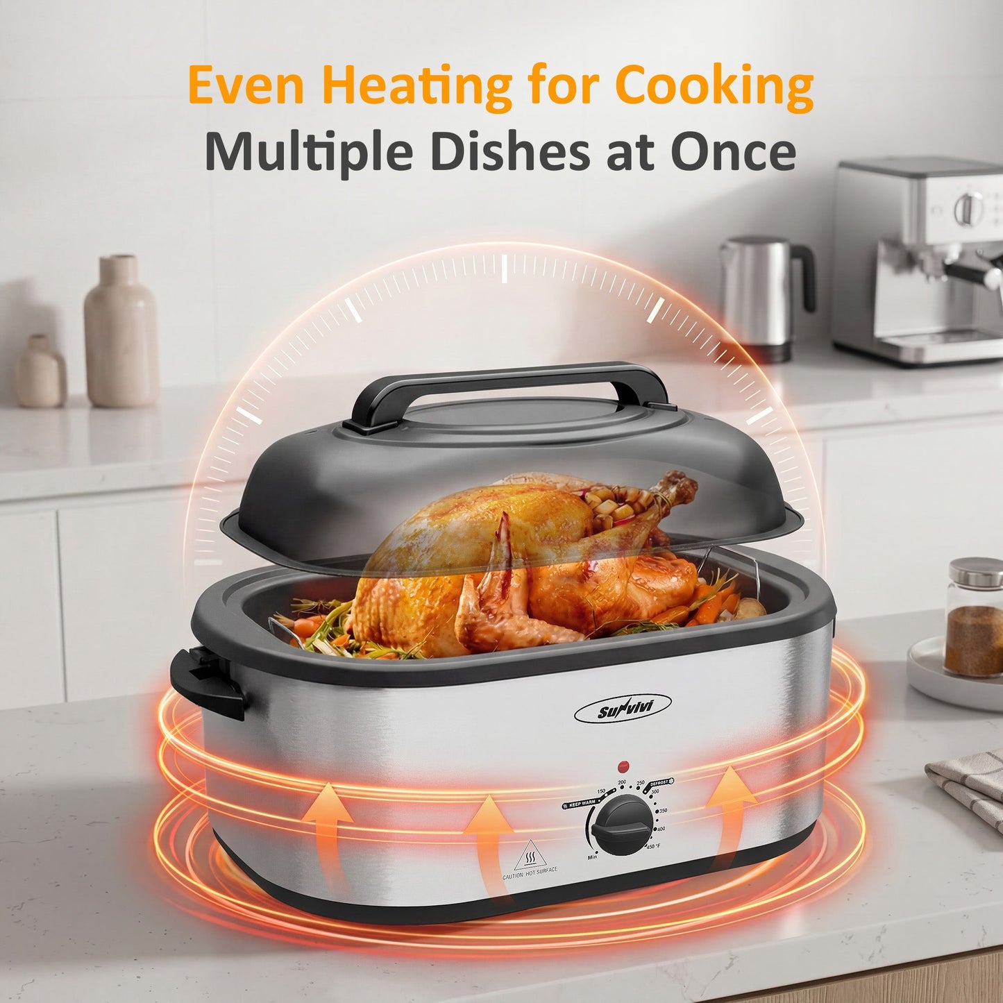Royalcraft 24 QT Electric Roaster Oven with 3 Compartments, Self-Basting Lid, Silver