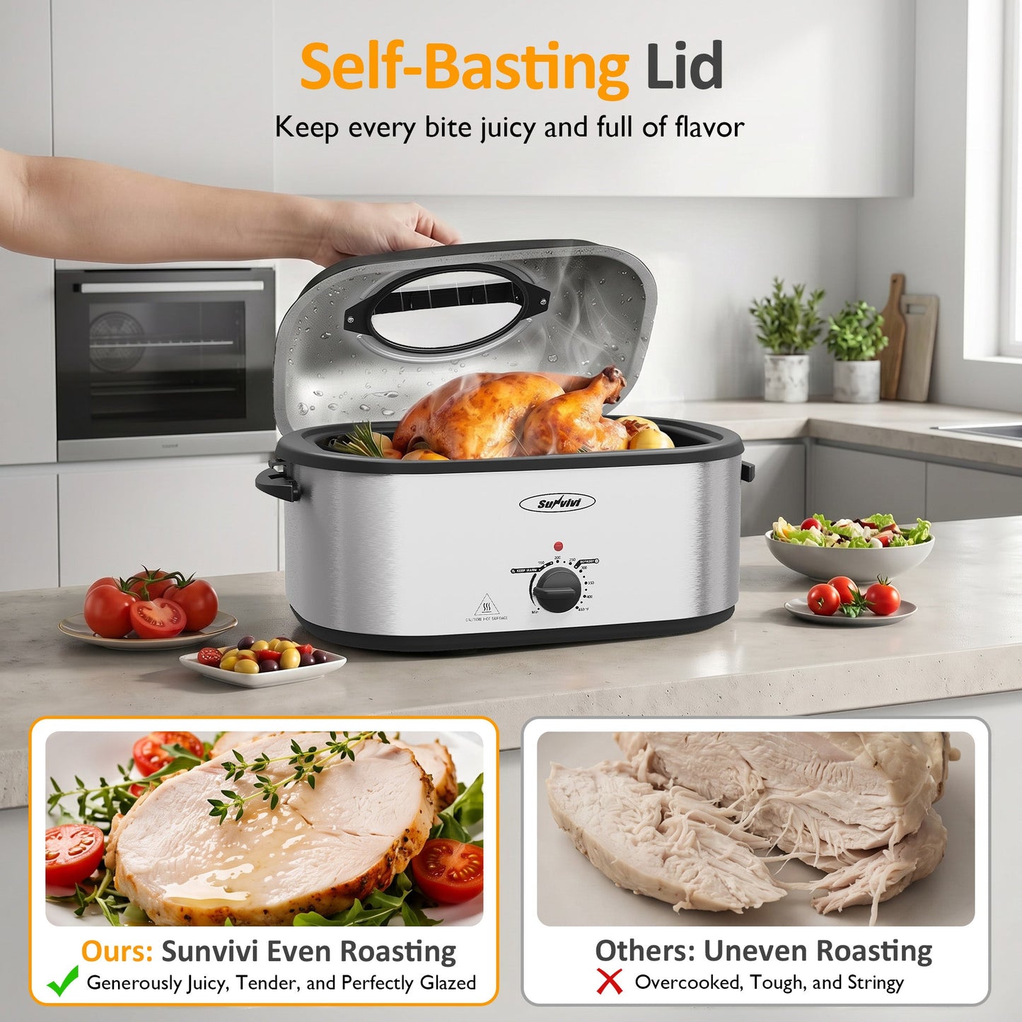 Royalcraft 24 QT Electric Roaster Oven with 3 Compartments, Self-Basting Lid, Dark Blue