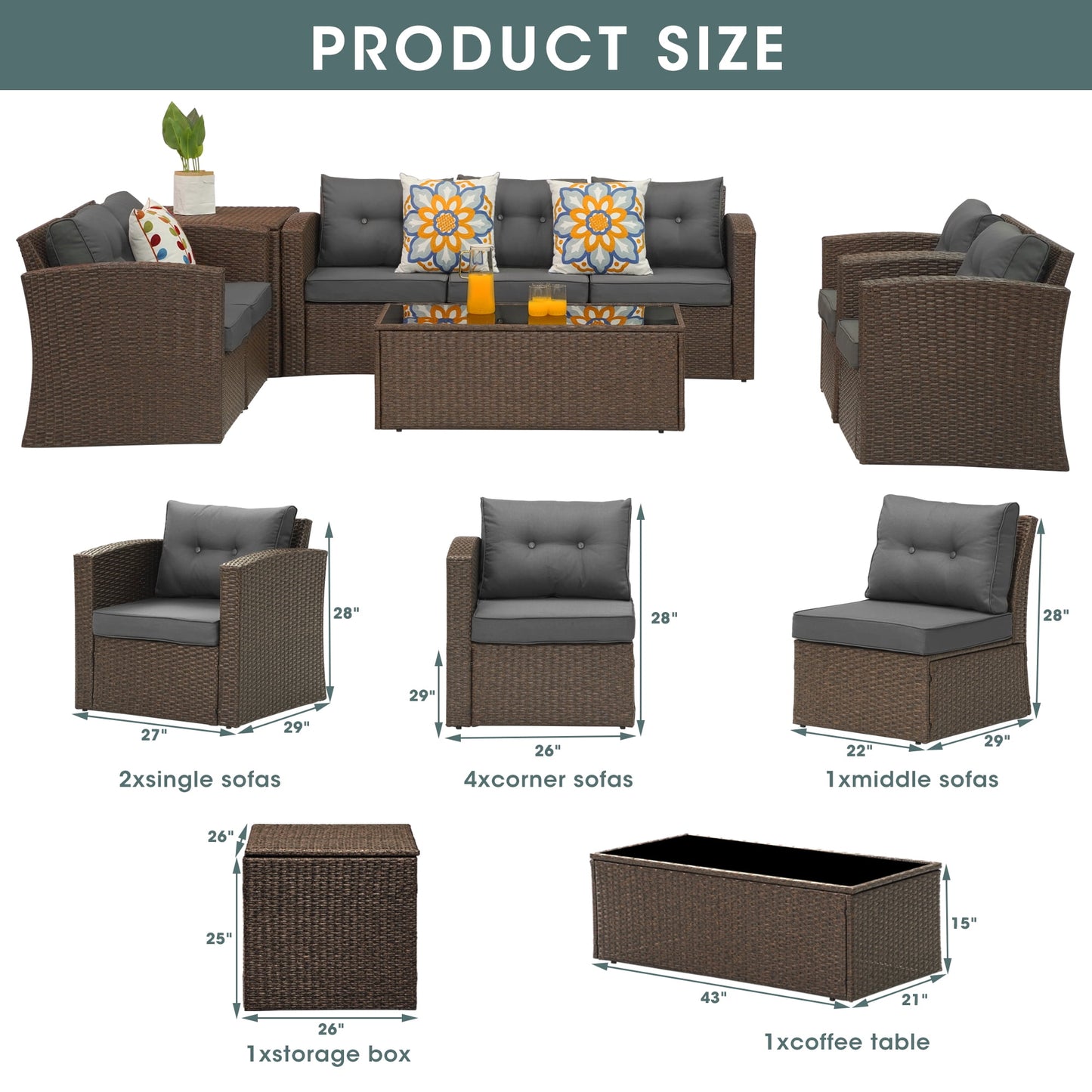 Royalcraft Outdoor Patio Furniture Set,10 Pieces Outdoor Sectional Wicker Sofa PE Rattan Conversation Sets with Dining Table,Aluminum Frame,Brown