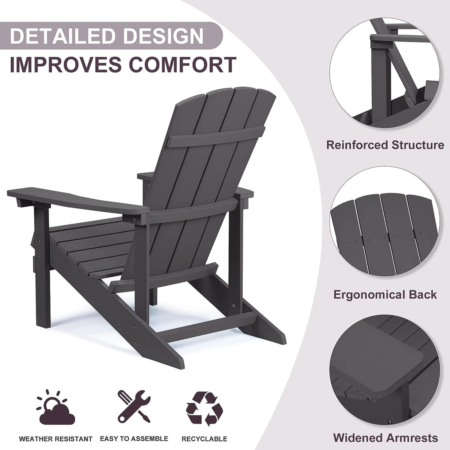 Royalcraft Adirondack Chairs, Weather Resistant Hips Plastic Fire Pit Chairs, Modern Poly Adorondic Outside Chairs, 350 LBS Adirondack Chair for Easy Assembly, White
