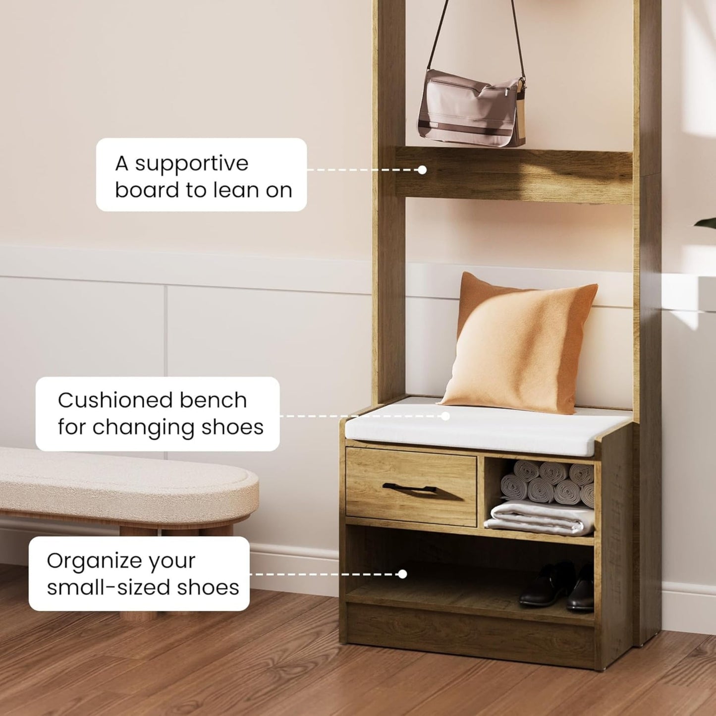 Superjoe Hall Tree with Bench, Entryway Bench with Coat Rack, Shoe Storage, Soft Cushion, Wood Entryway Furniture, White