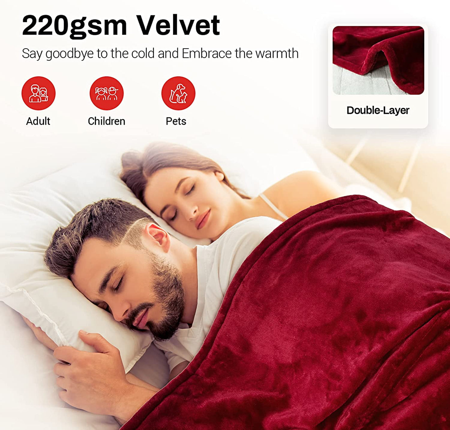 Royalcraft Heated Blanket Queen Size, Heating Electric Throw Blanket Dual Control, Soft Velvet, 10 Heat Settings, 12 Hours Auto Off, Red