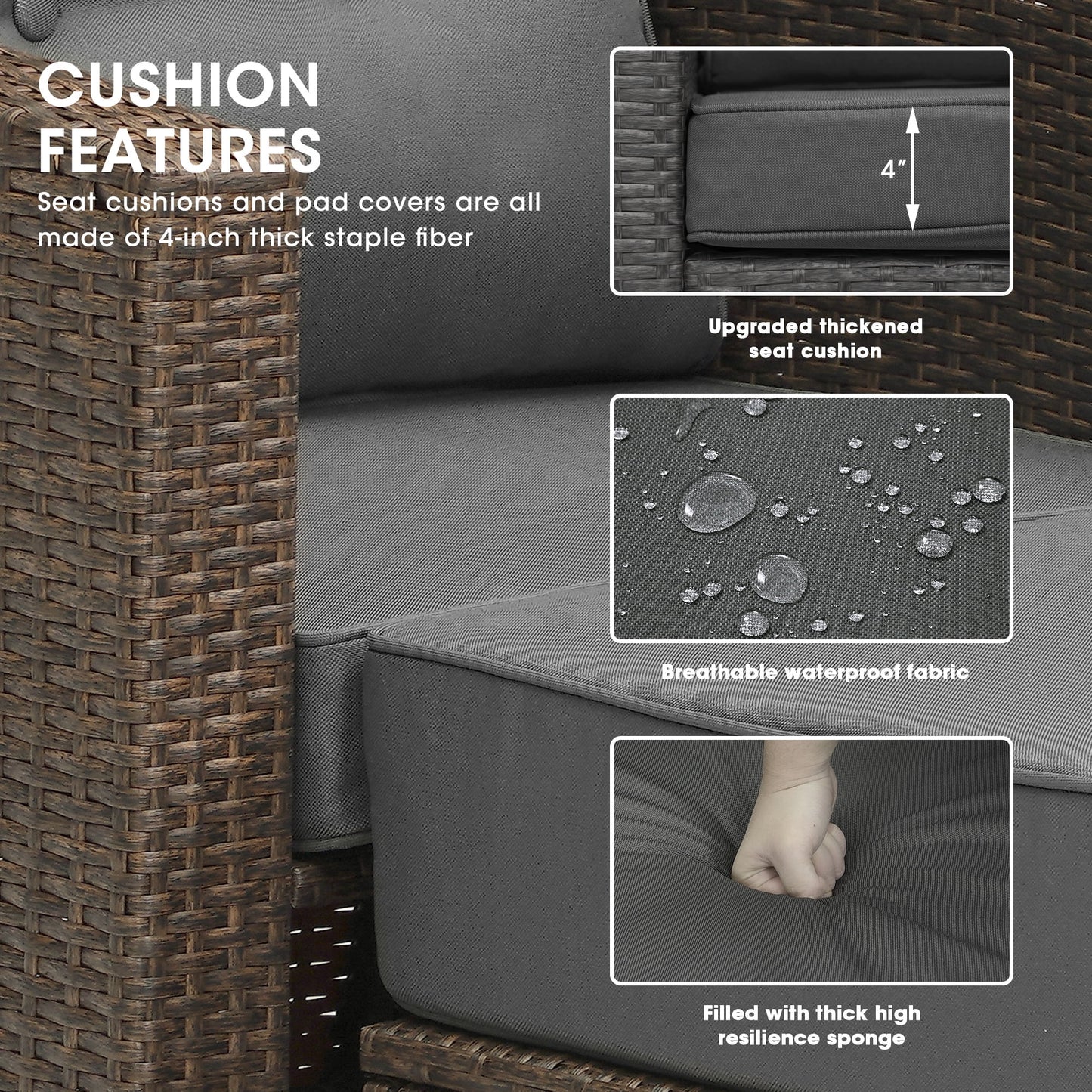 Royalcraft 4 Pieces Wicker Furniture Single Chair with Ottoman,All-Weather Brown Rattan Outdoor ArmChair Sofa Set with Dark Grey Non-slip Cushions,Aluminum Frame